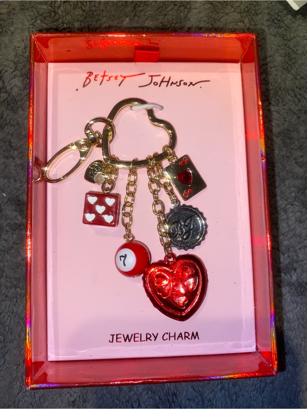 Betsey Johnson Red Heart & Charm Bracelet Keyring Good Luck & Love